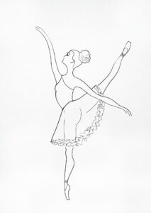 Black and white drawing of a ballerina en pointe doing an arabesque. 
