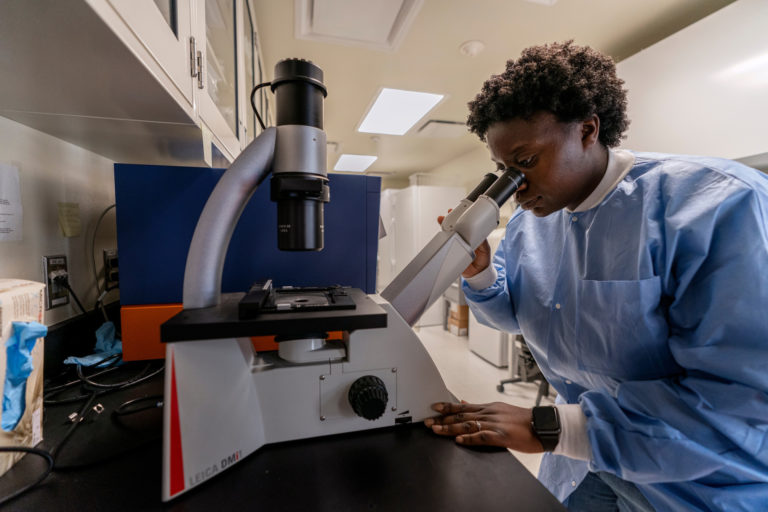 Student looking through a microscope