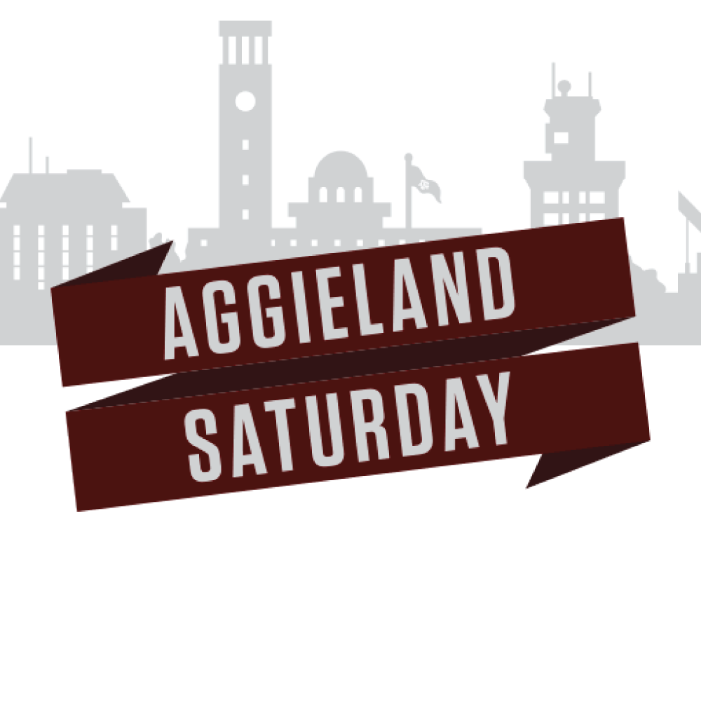 Aggieland Saturday ribbon logo with campus skyline