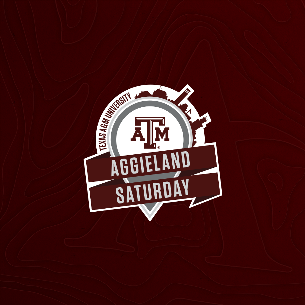 Aggieland Saturday logo on maroon topographic AgriLife A background