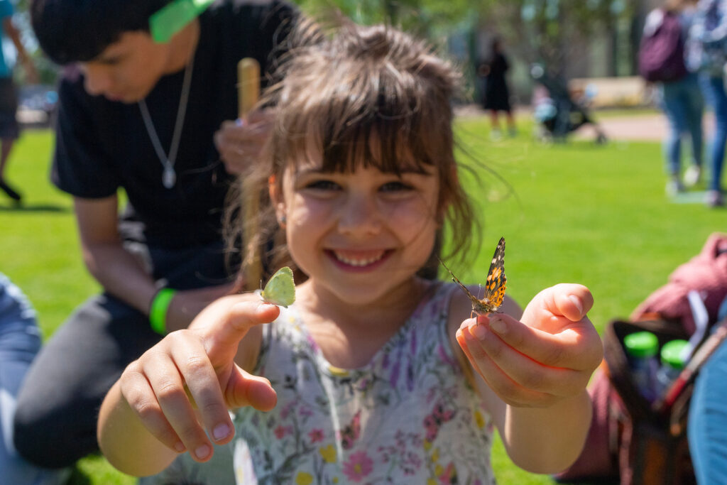 Small girl holding up two butterflies