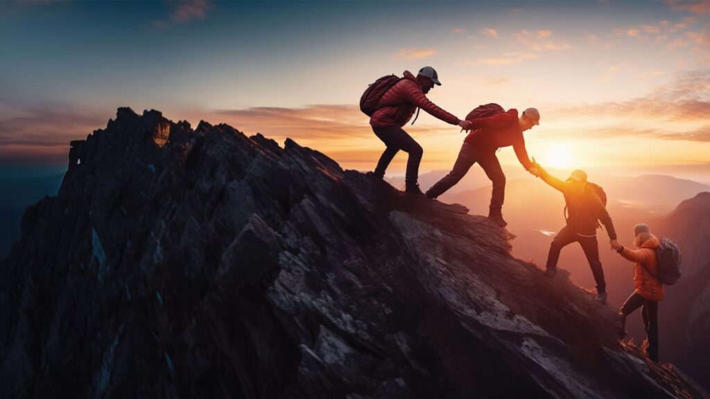 Hikers holding hands while climbing up a mountain